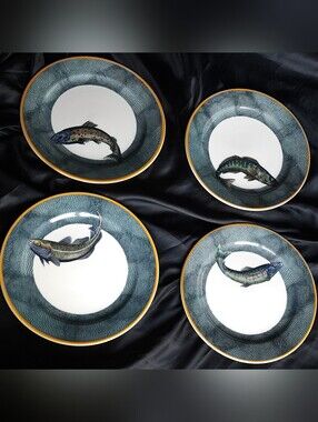 Williams Sonoma English Angler Fish Salad Plates Set of 4 Bass Cod Salmon Trout
